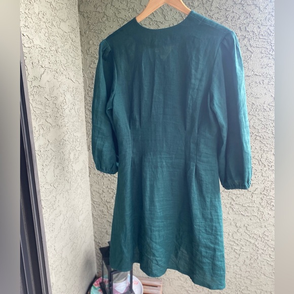 OldLinenMill emerald green linen 3/4 puff sleeve button-down dress. - Picture 3 of 7